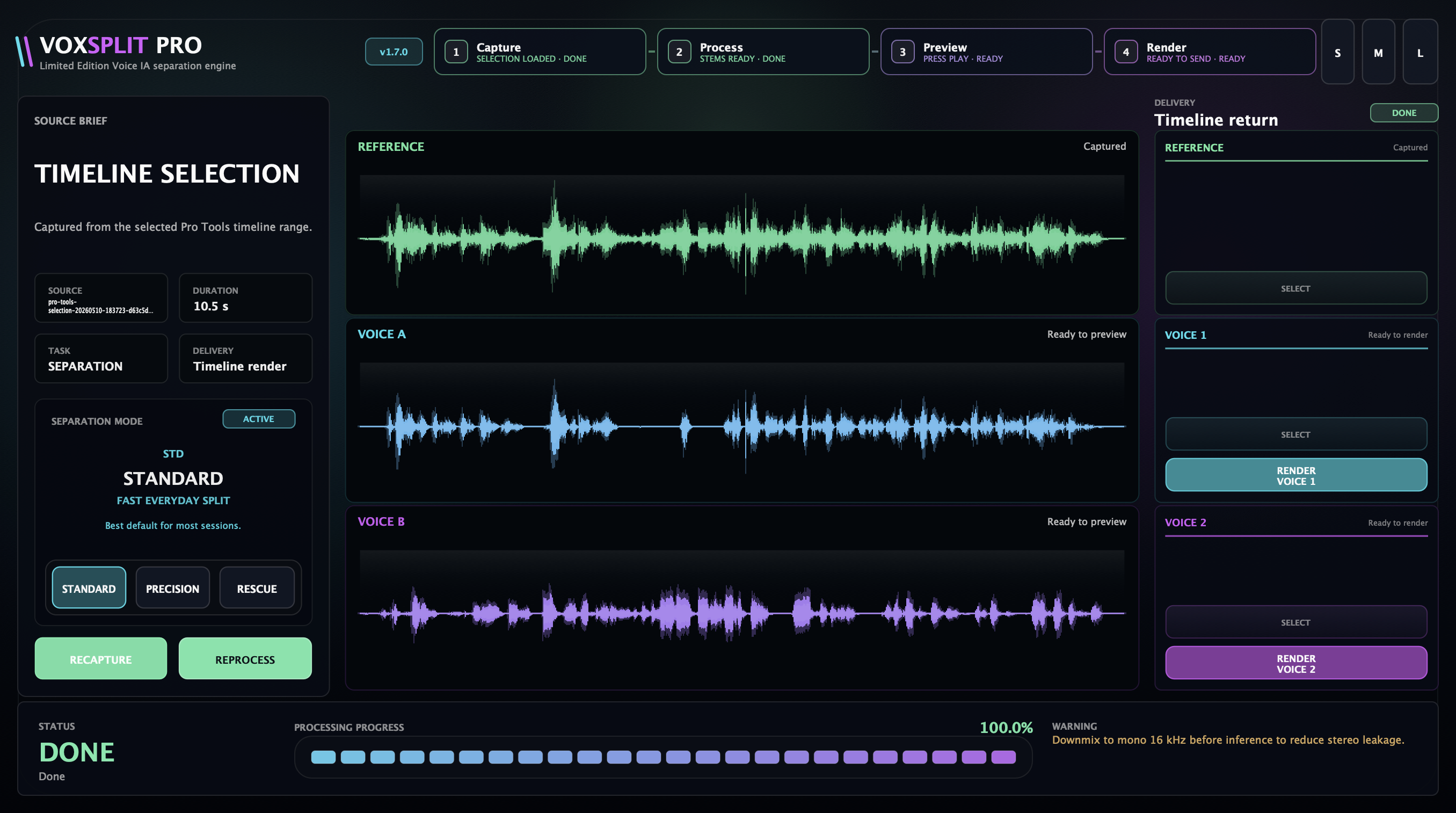 VOXSPLIT PRO showing the 4-step workflow