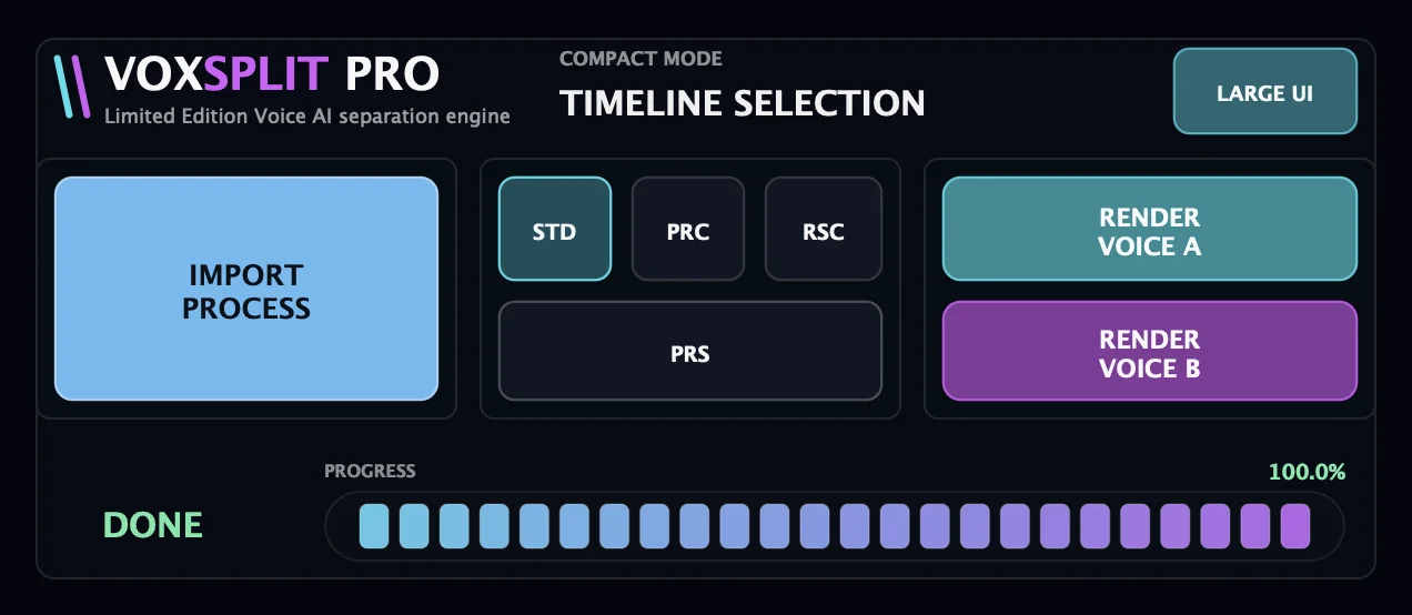 VOXSPLIT PRO Compact Mode: import, profiles, progress and render in one strip