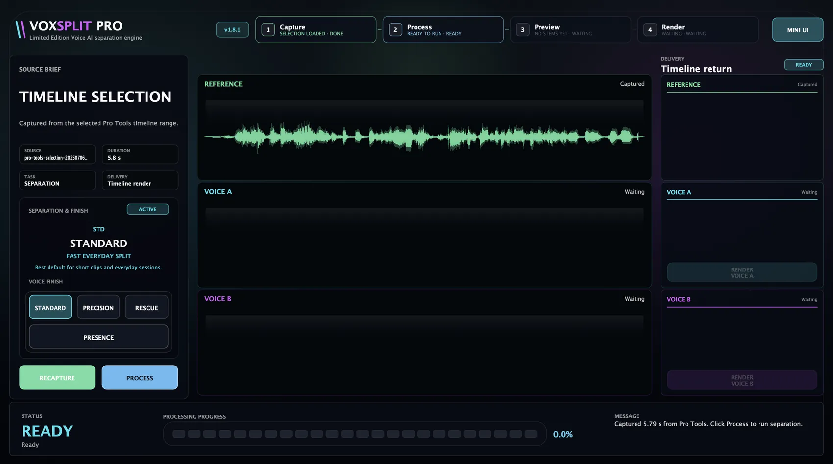 VOXSPLIT PRO source loaded and armed for processing
